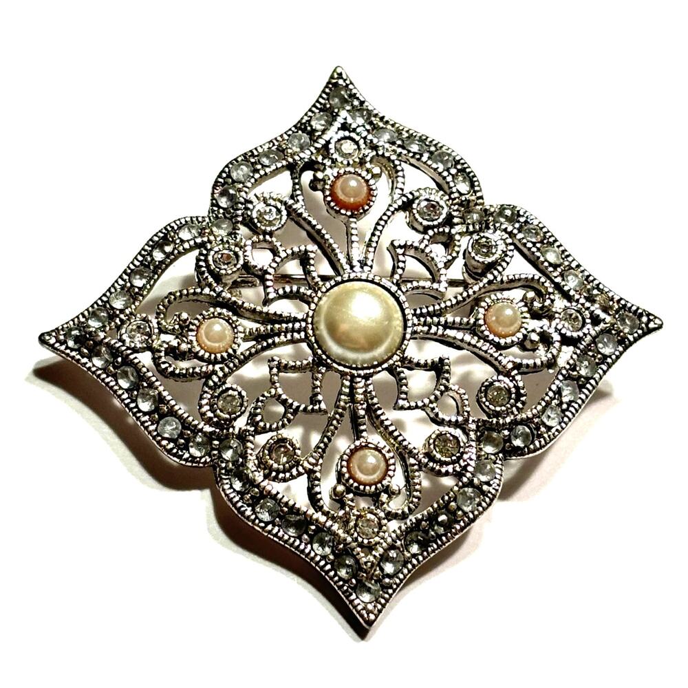 Silver filigree style brooch square faux pearls ornate vintage Edwardian look
